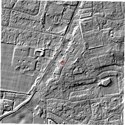Shaded relief map of the ground around YO89BJ, computed from Environment Agency LiDAR. The ground here sits at about 7 m above sea level and falls 4 m across the surrounding 800 m. The ground contributing surface water to this point lies to the east-south-east.