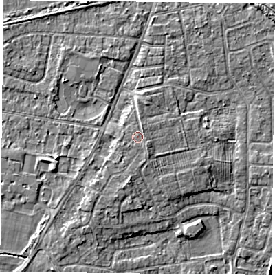 Shaded relief map of the ground around YO89BL, computed from Environment Agency LiDAR. The ground here sits at about 7 m above sea level and falls 3 m across the surrounding 800 m. The ground contributing surface water to this point lies to the east-south-east.