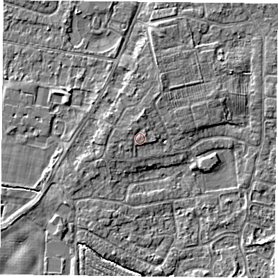 Shaded relief map of the ground around YO89BN, computed from Environment Agency LiDAR. The ground here sits at about 6 m above sea level and falls 4 m across the surrounding 800 m. Surface water reaching this point runs off ground lying to the north, 0.8 m higher.