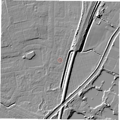 Shaded relief map of the ground around YO89BP, computed from Environment Agency LiDAR. The ground here sits at about 5 m above sea level and falls 7 m across the surrounding 800 m. Surface water reaching this point runs off ground lying to the south, 7.3 m higher.