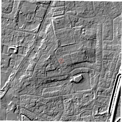 Shaded relief map of the ground around YO89BQ, computed from Environment Agency LiDAR. The ground here sits at about 6 m above sea level and falls 7 m across the surrounding 800 m. Surface water reaching this point runs off ground lying to the west-north-west, 1.4 m higher.