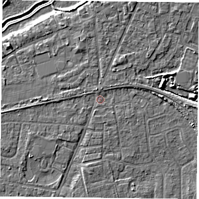 Shaded relief map of the ground around YO89BS, computed from Environment Agency LiDAR. The ground here sits at about 5 m above sea level and falls 8 m across the surrounding 800 m. Surface water reaching this point runs off ground lying to the south, 1.9 m higher.