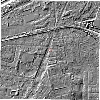 Shaded relief map of the ground around YO89BT, computed from Environment Agency LiDAR. The ground here sits at about 6 m above sea level and falls 8 m across the surrounding 800 m. Surface water reaching this point runs off ground lying to the south, 1.8 m higher.