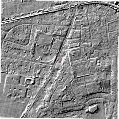 Shaded relief map of the ground around YO89BU, computed from Environment Agency LiDAR. The ground here sits at about 6 m above sea level and falls 6 m across the surrounding 800 m. Surface water reaching this point runs off ground lying to the south, 1.2 m higher.