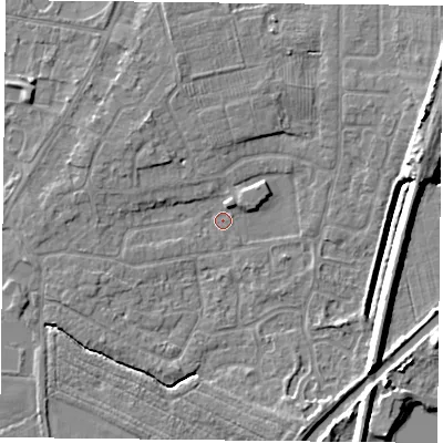 Shaded relief map of the ground around YO89BW, computed from Environment Agency LiDAR. The ground here sits at about 4 m above sea level and falls 7 m across the surrounding 800 m. Surface water reaching this point runs off ground lying to the west-south-west, 2.0 m higher.