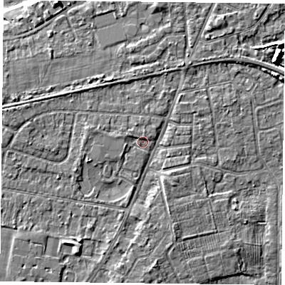 Shaded relief map of the ground around YO89BX, computed from Environment Agency LiDAR. The ground here sits at about 6 m above sea level and falls 8 m across the surrounding 800 m. Surface water reaching this point runs off ground lying to the west, 1.1 m higher.