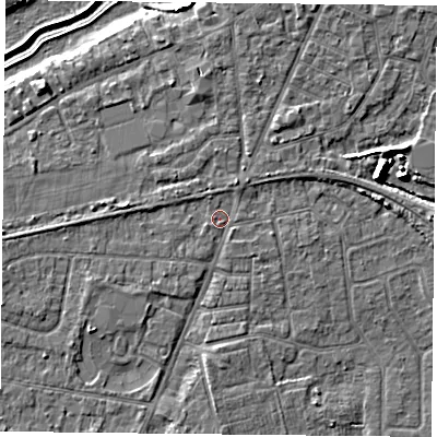 Shaded relief map of the ground around YO89BY, computed from Environment Agency LiDAR. The ground here sits at about 5 m above sea level and falls 8 m across the surrounding 800 m. Surface water reaching this point runs off ground lying to the south, 1.8 m higher.