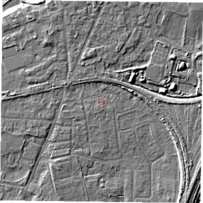 Shaded relief map of the ground around YO89BZ, computed from Environment Agency LiDAR. The ground here sits at about 5 m above sea level and falls 9 m across the surrounding 800 m. Surface water reaching this point runs off ground lying to the west-south-west, 0.8 m higher.