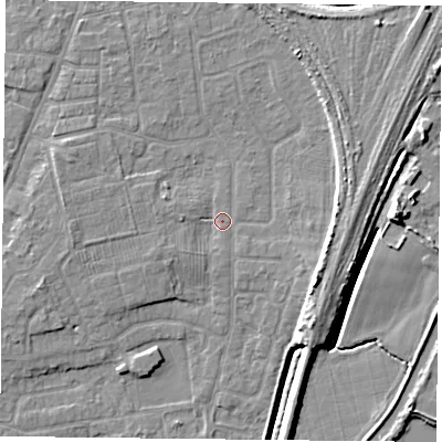 Shaded relief map of the ground around YO89DA, computed from Environment Agency LiDAR. The ground here sits at about 5 m above sea level and falls 7 m across the surrounding 800 m. Surface water reaching this point runs off ground lying to the west, 2.4 m higher.