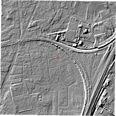 Shaded relief map of the ground around YO89DB, computed from Environment Agency LiDAR. The ground here sits at about 5 m above sea level and falls 9 m across the surrounding 800 m. Surface water reaching this point runs off ground lying to the south-west, 2.5 m higher.