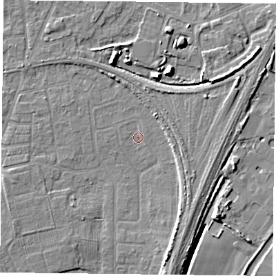 Shaded relief map of the ground around YO89DD, computed from Environment Agency LiDAR. The ground here sits at about 5 m above sea level and falls 9 m across the surrounding 800 m. Surface water reaching this point runs off ground lying to the south-west, 1.7 m higher.
