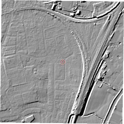 Shaded relief map of the ground around YO89DE, computed from Environment Agency LiDAR. The ground here sits at about 5 m above sea level and falls 9 m across the surrounding 800 m. Surface water reaching this point runs off ground lying to the west-south-west, 2.4 m higher.