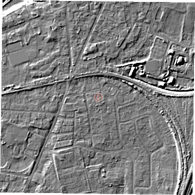 Shaded relief map of the ground around YO89DF, computed from Environment Agency LiDAR. The ground here sits at about 5 m above sea level and falls 9 m across the surrounding 800 m. Surface water reaching this point runs off ground lying to the south, 0.6 m higher.