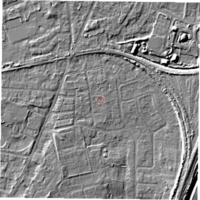 Shaded relief map of the ground around YO89DG, computed from Environment Agency LiDAR. The ground here sits at about 5 m above sea level and falls 9 m across the surrounding 800 m. Surface water reaching this point runs off ground lying to the south-west, 2.0 m higher.
