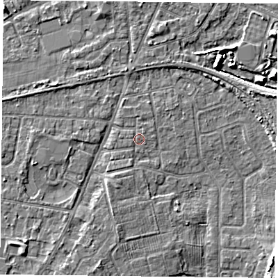 Shaded relief map of the ground around YO89DH, computed from Environment Agency LiDAR. The ground here sits at about 6 m above sea level and falls 7 m across the surrounding 800 m. The ground contributing surface water to this point lies to the north-north-east.