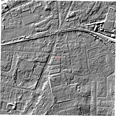 Shaded relief map of the ground around YO89DJ, computed from Environment Agency LiDAR. The ground here sits at about 6 m above sea level and falls 8 m across the surrounding 800 m. Surface water reaching this point runs off ground lying to the south-south-east, 0.5 m higher.