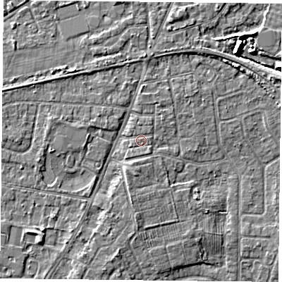 Shaded relief map of the ground around YO89DL, computed from Environment Agency LiDAR. The ground here sits at about 6 m above sea level and falls 6 m across the surrounding 800 m. Surface water reaching this point runs off ground lying to the south-west, 0.7 m higher.