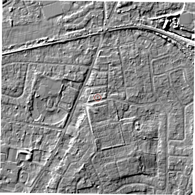 Shaded relief map of the ground around YO89DN, computed from Environment Agency LiDAR. The ground here sits at about 6 m above sea level and falls 6 m across the surrounding 800 m. Surface water reaching this point runs off ground lying to the west-south-west, 0.6 m higher.