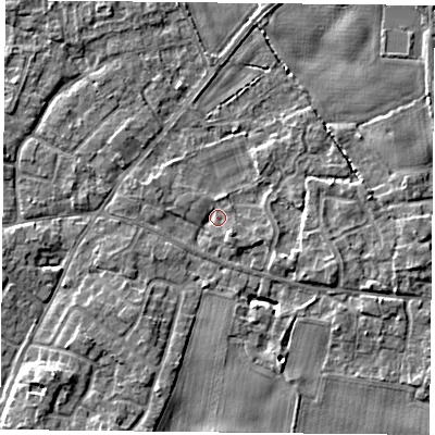 Shaded relief map of the ground around YO89DP, computed from Environment Agency LiDAR. The ground here sits at about 6 m above sea level and falls 5 m across the surrounding 800 m. Surface water reaching this point runs off ground lying to the south-south-west, 3.8 m higher.
