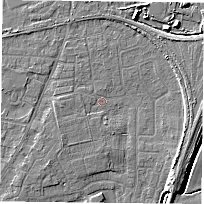 Shaded relief map of the ground around YO89DQ, computed from Environment Agency LiDAR. The ground here sits at about 5 m above sea level and falls 9 m across the surrounding 800 m. Surface water reaching this point runs off ground lying to the west-south-west, 2.2 m higher.