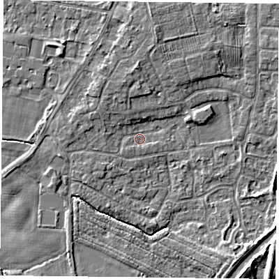 Shaded relief map of the ground around YO89DR, computed from Environment Agency LiDAR. The ground here sits at about 5 m above sea level and falls 7 m across the surrounding 800 m. Surface water reaching this point runs off ground lying to the north-west, 2.6 m higher.