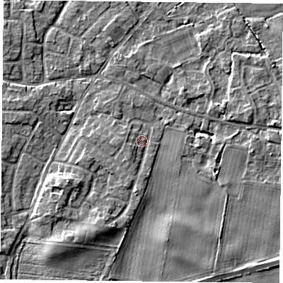 Shaded relief map of the ground around YO89DS, computed from Environment Agency LiDAR. The ground here sits at about 7 m above sea level and falls 5 m across the surrounding 800 m. Surface water reaching this point runs off ground lying to the south-west, 1.7 m higher.