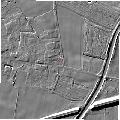 Shaded relief map of the ground around YO89DT, computed from Environment Agency LiDAR. The ground here sits at about 6 m above sea level and falls 13 m across the surrounding 800 m. Surface water reaching this point runs off ground lying to the south-south-east, 8.8 m higher.