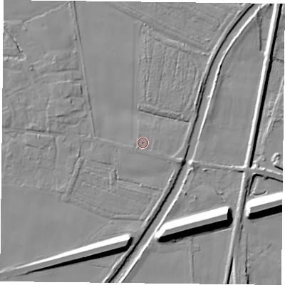 Shaded relief map of the ground around YO89DU, computed from Environment Agency LiDAR. The ground here sits at about 7 m above sea level and falls 12 m across the surrounding 800 m. Surface water reaching this point runs off ground lying to the south-west, 0.6 m higher.