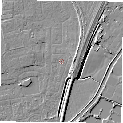 Shaded relief map of the ground around YO89DW, computed from Environment Agency LiDAR. The ground here sits at about 5 m above sea level and falls 7 m across the surrounding 800 m. Surface water reaching this point runs off ground lying to the east, 0.8 m higher.