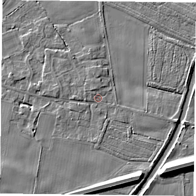 Shaded relief map of the ground around YO89DY, computed from Environment Agency LiDAR. The ground here sits at about 6 m above sea level and falls 12 m across the surrounding 800 m. Surface water reaching this point runs off ground lying to the south-south-east, 8.8 m higher.