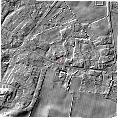 Shaded relief map of the ground around YO89DZ, computed from Environment Agency LiDAR. The ground here sits at about 6 m above sea level and falls 6 m across the surrounding 800 m. Surface water reaching this point runs off ground lying to the east-south-east, 3.4 m higher.
