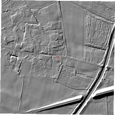 Shaded relief map of the ground around YO89EA, computed from Environment Agency LiDAR. The ground here sits at about 6 m above sea level and falls 12 m across the surrounding 800 m. Surface water reaching this point runs off ground lying to the south-south-east, 8.8 m higher.