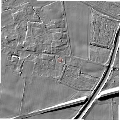 Shaded relief map of the ground around YO89EB, computed from Environment Agency LiDAR. The ground here sits at about 7 m above sea level and falls 12 m across the surrounding 800 m. Surface water reaching this point runs off ground lying to the south-south-east, 8.8 m higher.