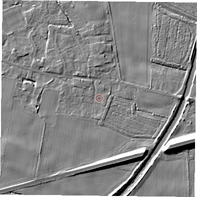 Shaded relief map of the ground around YO89ED, computed from Environment Agency LiDAR. The ground here sits at about 6 m above sea level and falls 12 m across the surrounding 800 m. Surface water reaching this point runs off ground lying to the south-west, 2.5 m higher.