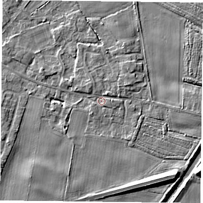 Shaded relief map of the ground around YO89EE, computed from Environment Agency LiDAR. The ground here sits at about 7 m above sea level and falls 11 m across the surrounding 800 m. Surface water reaching this point runs off ground lying to the north-east, 1.4 m higher.