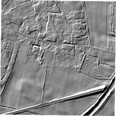 Shaded relief map of the ground around YO89EF, computed from Environment Agency LiDAR. The ground here sits at about 6 m above sea level and falls 10 m across the surrounding 800 m. Surface water reaching this point runs off ground lying to the south-south-west, 2.5 m higher.