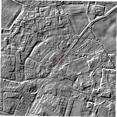 Shaded relief map of the ground around YO89EG, computed from Environment Agency LiDAR. The ground here sits at about 6 m above sea level and falls 4 m across the surrounding 800 m. Surface water reaching this point runs off ground lying to the west-south-west, 2.6 m higher.