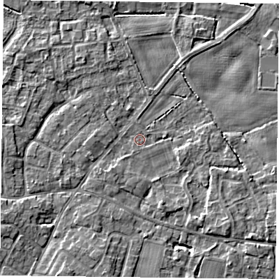 Shaded relief map of the ground around YO89EH, computed from Environment Agency LiDAR. The ground here sits at about 6 m above sea level and falls 4 m across the surrounding 800 m. Surface water reaching this point runs off ground lying to the west-south-west, 4.1 m higher.