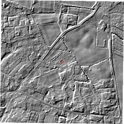 Shaded relief map of the ground around YO89EJ, computed from Environment Agency LiDAR. The ground here sits at about 5 m above sea level and falls 5 m across the surrounding 800 m. Surface water reaching this point runs off ground lying to the south-south-west, 3.8 m higher.