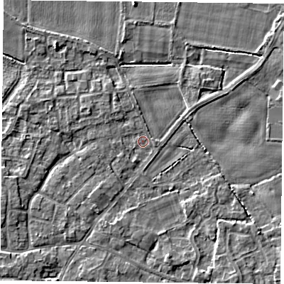 Shaded relief map of the ground around YO89EL, computed from Environment Agency LiDAR. The ground here sits at about 6 m above sea level and falls 4 m across the surrounding 800 m. Surface water reaching this point runs off ground lying to the north-west, 3.8 m higher.