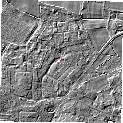 Shaded relief map of the ground around YO89EN, computed from Environment Agency LiDAR. The ground here sits at about 6 m above sea level and falls 5 m across the surrounding 800 m. Surface water reaching this point runs off ground lying to the west-south-west, 3.2 m higher.