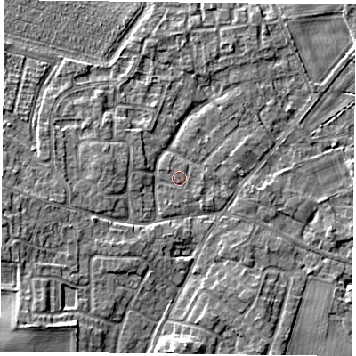 Shaded relief map of the ground around YO89EP, computed from Environment Agency LiDAR. The ground here sits at about 7 m above sea level and falls 6 m across the surrounding 800 m. Surface water reaching this point runs off ground lying to the north-west, 0.6 m higher.