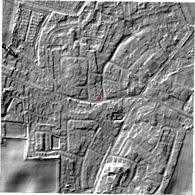 Shaded relief map of the ground around YO89ER, computed from Environment Agency LiDAR. The ground here sits at about 7 m above sea level and falls 7 m across the surrounding 800 m. Surface water reaching this point runs off ground lying to the west, 3.6 m higher.