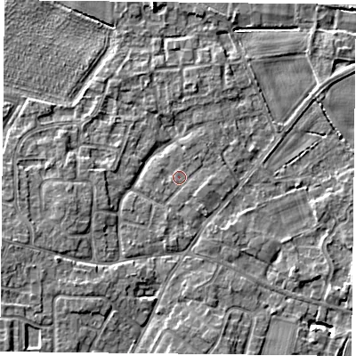 Shaded relief map of the ground around YO89EW, computed from Environment Agency LiDAR. The ground here sits at about 6 m above sea level and falls 6 m across the surrounding 800 m. Surface water reaching this point runs off ground lying to the south, 0.6 m higher.
