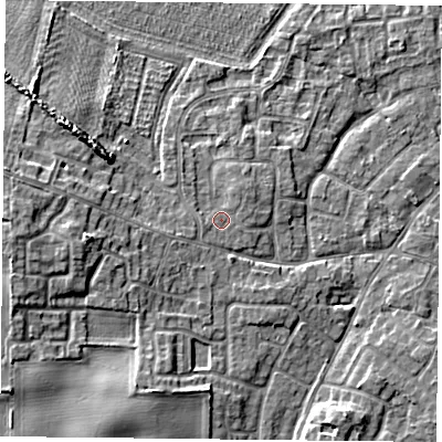 Shaded relief map of the ground around YO89EY, computed from Environment Agency LiDAR. The ground here sits at about 8 m above sea level and falls 6 m across the surrounding 800 m. Surface water reaching this point runs off ground lying to the north-north-east, 0.6 m higher.