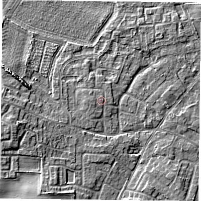 Shaded relief map of the ground around YO89EZ, computed from Environment Agency LiDAR. The ground here sits at about 8 m above sea level and falls 8 m across the surrounding 800 m. Surface water reaching this point runs off ground lying to the west, 0.8 m higher.