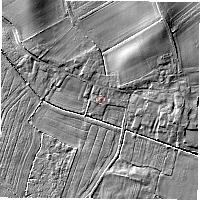 Shaded relief map of the ground around YO89FA, computed from Environment Agency LiDAR. The ground here sits at about 8 m above sea level and falls 8 m across the surrounding 800 m. Surface water reaching this point runs off ground lying to the north-north-west, 2.1 m higher.