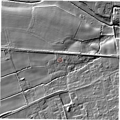 Shaded relief map of the ground around YO89FP, computed from Environment Agency LiDAR. The ground here sits at about 7 m above sea level and falls 9 m across the surrounding 800 m. Surface water reaching this point runs off ground lying to the south, 6.1 m higher.