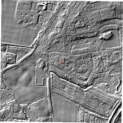 Shaded relief map of the ground around YO89FR, computed from Environment Agency LiDAR. The ground here sits at about 6 m above sea level and falls 4 m across the surrounding 800 m. Surface water reaching this point runs off ground lying to the south-west, 0.6 m higher.