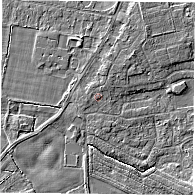 Shaded relief map of the ground around YO89FS, computed from Environment Agency LiDAR. The ground here sits at about 6 m above sea level and falls 4 m across the surrounding 800 m. Surface water reaching this point runs off ground lying to the west-south-west, 0.9 m higher.